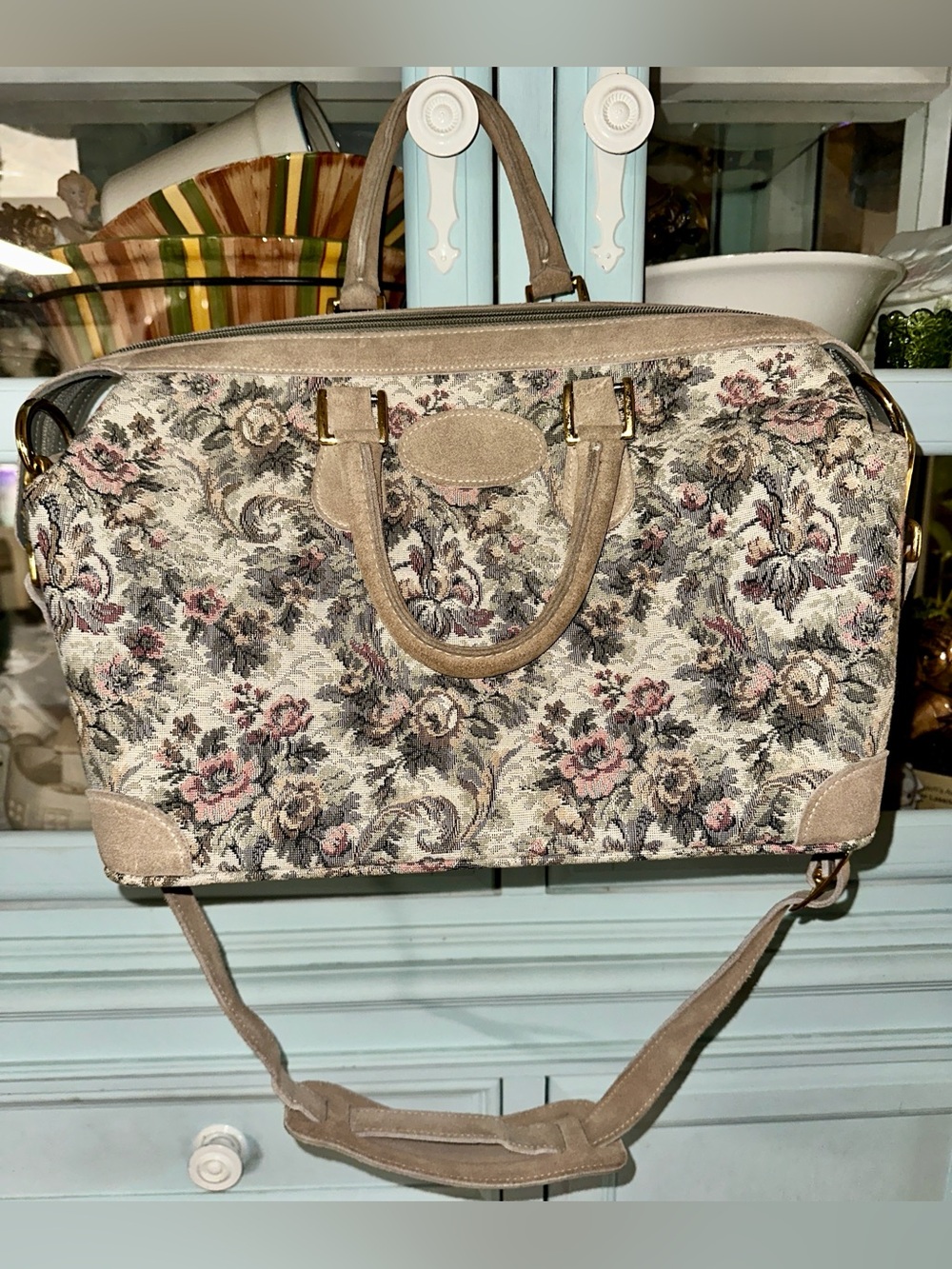 Vintage French Luggage Floral Tapestry and Leather